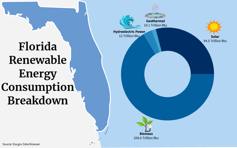 Chart showing a breakdown of renewable energy consumption, including Biomass, Geothermal, Hydroelectric Power, and Solar, in the state of Florida.